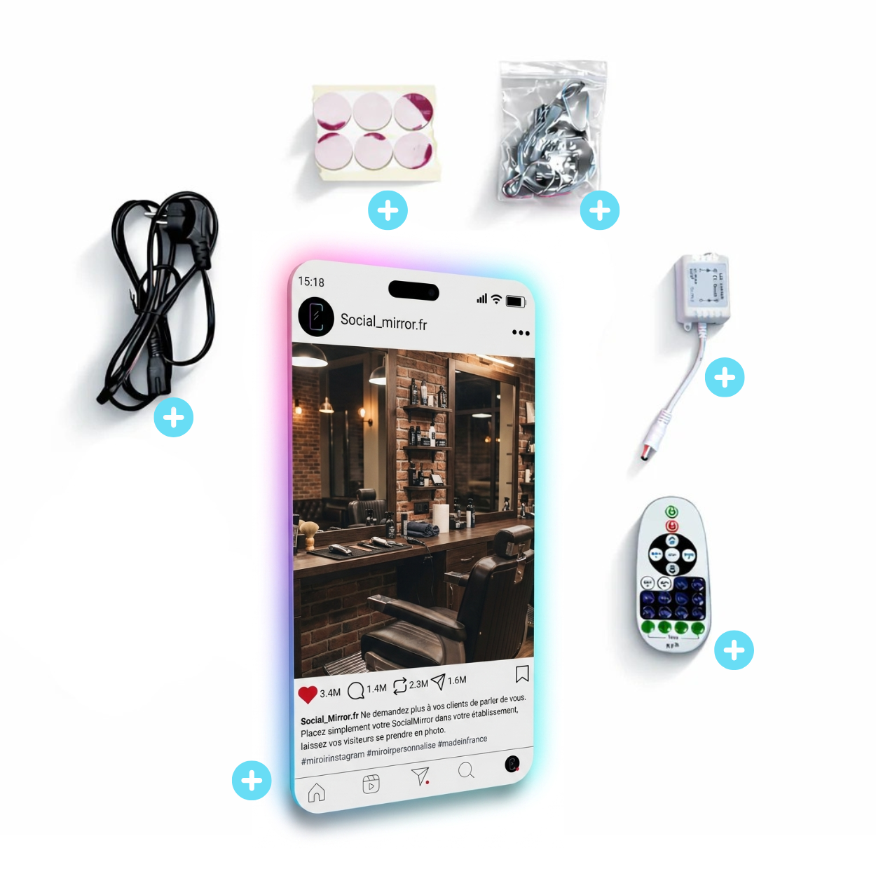 Social Mirror et accessoires inclus dans le colis